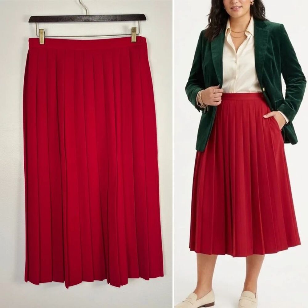 VTG Requirements Red Pleated Midi Maxi Skirt Sz 14 Elastic Waist Made in USA